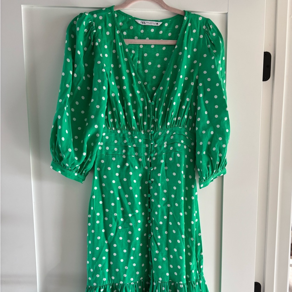 Zara Green and White Ruffled Tiered Sundress with Bishop Sleeves